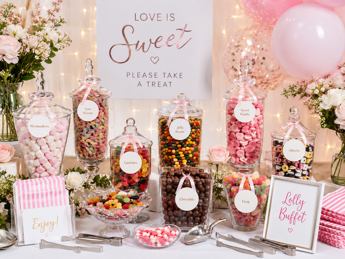 Fully styled lolly buffet table with decorative signage, scoops, lolly bags and glass jars